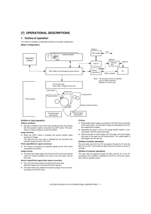 Page 36e-STUDIO162/162D/151/151D OPERATIONAL DESCRIPTIONS  7 - 1
[7] OPERATIONAL DESCRIPTIONS
1. Outline of operation
The outline of operation is described referring to the basic configuration.
(Basic configuration)
(Outline of copy operation)
Setting conditions
1) Set copy conditions such as the copy quantity and the copy density
with the operation section, and press the COPY button. The infor-
mation on copy conditions is sent to the MCU.
Image scanning
2) When the COPY button is pressed, the scanner section...