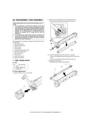 Page 44e-STUDIO162/162D/151/151D DISASSEMBLY AND ASSEMBLY  8 - 1
[8] DISASSEMBLY AND ASSEMBLY
The disassembly and assembly procedures are described for the fol-
lowing sections:
1. High voltage section
2. Operation panel section
3. Optical section
4. Fusing section
5. Tray paper feed/transport section
6. Manual paper feed section
7. Rear frame section
8. Power section
9. Duplex motor section
10. Reverse roller section
1. High voltage section
A. List
B. Drum replacement
1) Remove the drum cover. (4 Lock Tabs)2)...