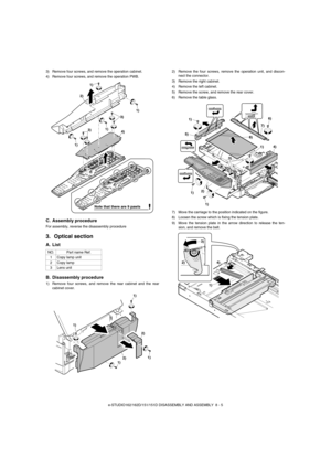 Page 48e-STUDIO162/162D/151/151D DISASSEMBLY AND ASSEMBLY  8 - 5 3) Remove four screws, and remove the operation cabinet.
4) Remove four screws, and remove the operation PWB.
C. Assembly procedure
For assembly, reverse the disassembly procedure
3. Optical section
A. List
B. Disassembly procedure
1) Remove four screws, and remove the rear cabinet and the rear
cabinet cover.2) Remove the four screws, remove the operation unit, and discon-
nect the connector.
3) Remove the right cabinet.
4) Remove the left...