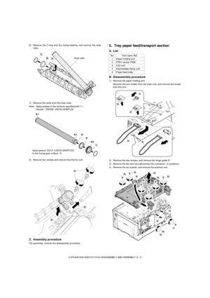 Page 52e-STUDIO162/162D/151/151D DISASSEMBLY AND ASSEMBLY  8 - 9 6) Remove the C-ring and the fusing bearing, and remove the heat
roller.
7) Remove the parts from the heat roller.
Note: Apply grease to the sections specified with 
∗1.
Grease: “JFE552” UKOG-0235FCZZ
8) Remove two screws and remove the thermo unit.
C. Assembly procedure
For assembly, reverse the disassembly procedure.
5. Tray paper feed/transport section
A. List
B. Disassembly procedure
1) Remove the paper holding arm.
Remove the arm holder from...