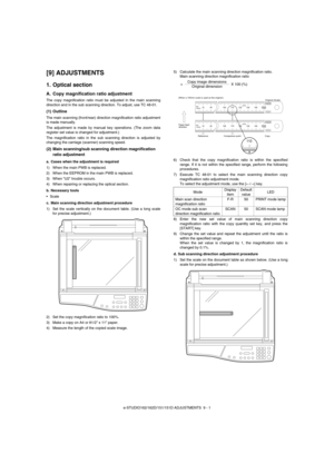 Page 62e-STUDIO162/162D/151/151D ADJUSTMENTS  9 - 1
[9] ADJUSTMENTS
1. Optical section
A. Copy magnification ratio adjustment
The copy magnification ratio must be adjusted in the main scanning
direction and in the sub scanning direction. To adjust, use TC 48-01.
(1) Outline
The main scanning (front/rear) direction magnification ratio adjustment
is made manually.
The adjustment is made by manual key operations. (The zoom data
register set value is changed for adjustment.)
The magnification ratio in the sub...