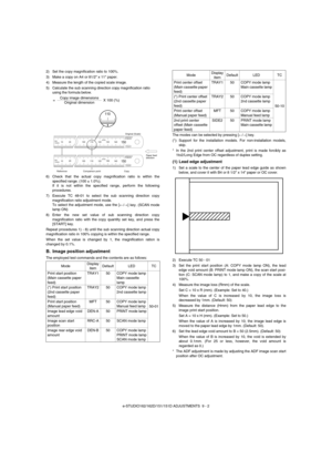 Page 63e-STUDIO162/162D/151/151D ADJUSTMENTS  9 - 2 2) Set the copy magnification ratio to 100%.
3) Make a copy on A4 or 81/2 x 11 paper.
4) Measure the length of the copied scale image.
5) Calculate the sub scanning direction copy magnification ratio
using the formula below.
6) Check that the actual copy magnification ratio is within the
specified range. (100 ± 1.0%).
If it is not within the specified range, perform the following
procedures.
7) Execute TC 48-01 to select the sub scanning direction copy...