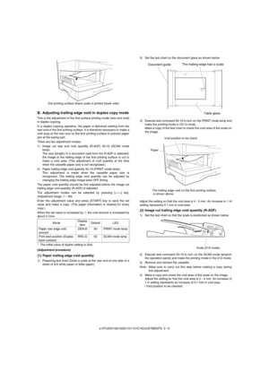 Page 67e-STUDIO162/162D/151/151D ADJUSTMENTS  9 - 6
B. Adjusting trailing edge void in duplex copy mode
This is the adjustment of the first surface printing mode (rear end void)
in duplex copying.
In a duplex copying operation, the paper is delivered starting from the
rear end of the first printing surface. It is therefore necessary to make a
void area at the rear end on the first printing surface to prevent paper
jam at the fusing part.
There are two adjustment modes:
1) Image cut rear end void quantity...