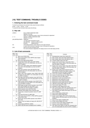 Page 70e-STUDIO162/162D/151/151D  TEST COMMAND, TROUBLE CODES  10 - 1
[10] TEST COMMAND, TROUBLE CODES
1. Entering the test command mode
To enter the serviceman test command mode, press the keys as follows:
[#] key 
→ [*] key → [C] key → [*] key
To cancel the test command mode, press the [CA] key.
2. Key rule
3. List of test commands
[10KEY]: Entry of MAIN CODE/SUB CODE
Selection of an item
Setup of an adjustment value in case of test commands for adjustment
[
←/→]: Selection of MAIN CODE/SUB CODE 
Selection of...