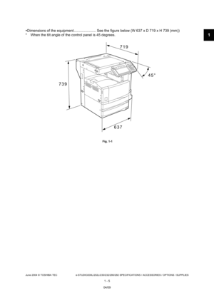 Page 171
June 2004 © TOSHIBA TEC e-STUDIO200L/202L/230/232/280/282 SPECIFICATIONS / ACCESSORIES / OPTIONS / SUPPLIES
1 - 5
 Dimensions of the equipment ...................... Se e the figure below (W 637 x D 719 x H 739 (mm))
* When the tilt angle of the control panel is 45 deg rees.
 Fig. 1-1
7 1 9
7 3 9
6 3 74 5 °
04/09 