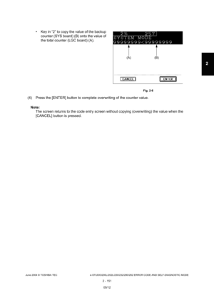 Page 187June 2004 © TOSHIBA TEC e-STUDIO200L/202L/230/232/280/282 ERROR CODE AND SELF-DIAGNOSTIC MODE
2 - 151
2
(4) Press the [ENTER] button to complete overwriting of  the counter value.
Note: Note: 
The screen returns to the code entry screen without  copying (overwriting) the value when the 
[CANCEL] button is pressed.
 Key in “2” to copy the value of the backup 
counter (SYS board) (B) onto the value of  
the total counter (LGC board) (A).
 Fig. 2-6
(A) (B)
05/12  