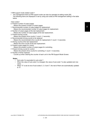 Page 271June 2004 © TOSHIBA TEC e-STUDIO200L/202L/230/232/280/282 ERROR CODE AND SELF-DIAGNOSTIC MODE
2 - 235
2
 
 The management items at PM support mode can also b e operated at setting mode (08).
The following items are displayed or set by using s ub-codes at PM management setting in the table 
below.

0: Present number of output pages - Means the present number of output pages.
1: Recommended number of output pages for replaceme nt
- Means the recommended number of output pages for  replacement.
2: Number...