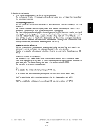 Page 279June 2004 © TOSHIBA TEC e-STUDIO200L/202L/230/232/280/282 ERROR CODE AND SELF-DIAGNOSTIC MODE
2 - 243
2
3) Details of pixel counter - Toner cartridge reference and service technician re ference
The pixel counter function in this equipment has 2  references, toner cartridge reference and ser-
vice technician reference. 
Toner cartridge reference 
This is a system that accumulates data between the  installation of a new toner cartridge and next 
installation.
The installation of new toner cartridge is...