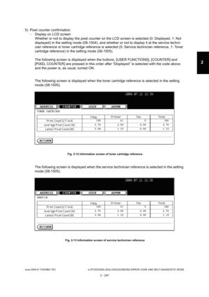 Page 283June 2004 © TOSHIBA TEC e-STUDIO200L/202L/230/232/280/282 ERROR CODE AND SELF-DIAGNOSTIC MODE
2 - 247
2
5) Pixel counter confirmation - Display on LCD screenWhether or not to display the pixel counter on the  LCD screen is selected (0: Displayed, 1: Not 
displayed) in the setting mode (08-1504), and wheth er or not to display it at the service techni-
cian reference or toner cartridge reference is sele cted (0: Service technician reference, 1: Toner 
cartridge reference) in the setting mode (08-1505)....