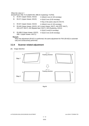 Page 308e-STUDIO200L/202L/230/232/280/282 ADJUSTMENTJune 2004 © TOSHIBA TEC
3 - 12
Remark:  When the adjustment (05-421) is performed, the same  adjustment for FAX (05-422) is automati-
cally and consecutively performed.
3.2.4 Scanner related adjustment
[A] Image distortion
 Fig.3-9
When the value is 1. 
[0] [5] [Power ON]   [1] ([3](05-445, 498) for duplexing)   [FAX]
A: 05-401 (Upper drawer, A3/LD)  200±0.5 mm (0.125 mm/step)
B: 05-411 (Upper drawer, A3/LD)  52±0.5 mm (0.05 mm/step)
  Key in the same value for...