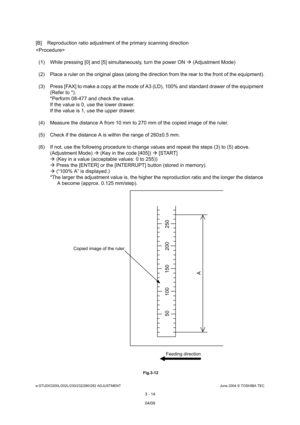 Page 310e-STUDIO200L/202L/230/232/280/282 ADJUSTMENTJune 2004 © TOSHIBA TEC
3 - 14
[B] Reproduction ratio adjustment of the primary sca nning direction

(1) While pressing [0] and [5] simultaneously, turn  the power ON  (Adjustment Mode)
(2) Place a ruler on the original glass (along the d irection from the rear to the front of the equipment).
(3) Press [FAX] to make a copy at the mode of A3 (LD ), 100% and standard drawer of the equipment 
(Refer to *). 
*Perform 08-477 and check the value. 
If the value is 0,...