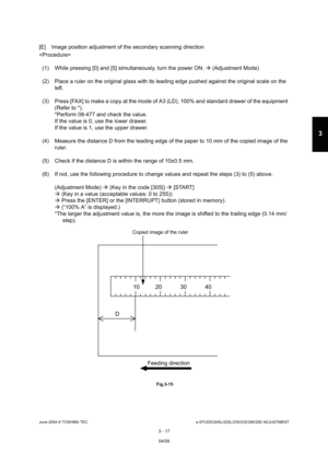 Page 313June 2004 © TOSHIBA TECe-STUDIO200L/202L/230/232/280/282 ADJUSTMENT
3 - 17
3
[E] Image position adjustment of the secondary scann ing direction

(1) While pressing [0] and [5] simultaneously, turn  the power ON.  (Adjustment Mode)
(2) Place a ruler on the original glass with its lea ding edge pushed against the original scale on the 
left.
(3) Press [FAX] to make a copy at the mode of A3 (LD ), 100% and standard drawer of the equipment 
(Refer to *). 
*Perform 08-477 and check the value. 
If the value is...