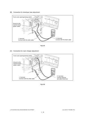 Page 332e-STUDIO200L/202L/230/232/280/282 ADJUSTMENTJune 2004 © TOSHIBA TEC
3 - 36
[B] Connection for developer bias adjustment
 Fig.3-23
[C] Connection for main charger adjustment
 Fig.3-24
Front cover opening/closing switch
Ground to the 
machine frame ( green cable )
( -) 
terminal:
Connect with the white cable (
+ ) 
terminal:
Connect with the black cable
Front cover opening/closing switch
Ground to the 
machine frame ( green cable )
( -) 
terminal:
Connect with the white cable (
+ ) 
terminal:
Connect with...