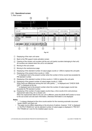 Page 402e-STUDIO200L/202L/230/232/280/282 PREVENTIVE MAINTENANCE (PM)June 2004 © TOSHIBA TEC
4 - 2
[ 2 ] Operational screen
1) Main screen
 Fig. 4-2
Notes: 
 “—” is always displayed at the drive counts sectio n for the reversing automatic document 
feeder (RADF) and feed unit.
 The paper source differs depending on the structur e of options, however, “0.0k” is displayed 
in “OUTPUT PAGES (k)” and its standard number of ou tput pages is displayed in “PM OUT-
PUT PAGES (k)” even for the installed paper source....