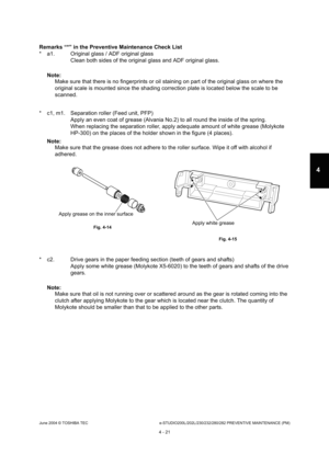 Page 421June 2004 © TOSHIBA TECe-STUDIO200L/202L/230/232/280/282 PREVENTIVE MAINTENANCE (PM)
4 - 21
4
Remarks “*” in the Preventive Maintenance Check Lis t
* a1. Original glass / ADF original glass Clean both sides of the original glass and ADF orig inal glass.
Note: Note: 
Make sure that there is no fingerprints or oil stain ing on part of the original glass on where the 
original scale is mounted since the shading correcti on plate is located below the scale to be 
scanned.
* c1, m1. Separation roller (Feed...