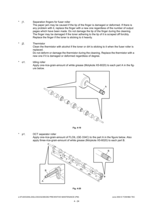 Page 424e-STUDIO200L/202L/230/232/280/282 PREVENTIVE MAINTENANCE (PM)June 2004 © TOSHIBA TEC
4 - 24
* j1. Separation fingers for fuser roller The paper jam may be caused if the tip of the finge r is damaged or deformed. If there is 
any problem with it, replace the finger with a new  one regardless of the number of output 
pages which have been made. Do not damage the tip o f the finger during the cleaning. 
The finger may be damaged if the toner adhering to  the tip of it is scraped off forcibly. 
Replace the...