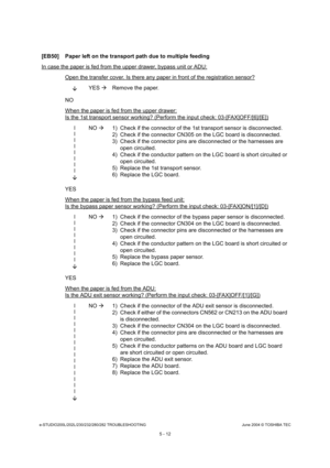 Page 442e-STUDIO200L/202L/230/232/280/282 TROUBLESHOOTINGJune 2004 © TOSHIBA TEC
5 - 12
[EB50] Paper left on the transport path due to multi ple feeding
In case the paper is fed from the upper drawer, byp ass unit or ADU:
Open the transfer cover. Is there any paper in front of the registration sensor?
YES 
Remove the paper.
NO 
When the paper is fed from the upper drawer:
Is the 1st transport sensor working? (Perform the i nput check: 03-[FAX]OFF/[6]/[E])
l ll l ll l l
 NO 
 1) Check if the connector of the 1st...