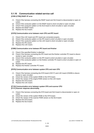 Page 488e-STUDIO200L/202L/230/232/280/282 TROUBLESHOOTINGJune 2004 © TOSHIBA TEC
5 - 58
5.1.10 Communication related service call
[C550 (C780)] RADF I/F error
(1) Check if the harness connecting the RADF board an d SLG board is disconnected or open cir-
cuited.
(2) Check if the conductor pattern on the RADF board  is short circuited or open circuited.
(3) Check if the conductor pattern on the SLG board  is short circuited or open circuited.
(4) Replace the RADF board. 
(5) Replace the SLG board.
[C570]...