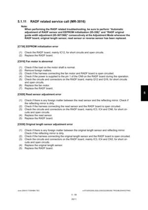 Page 489June 2004 © TOSHIBA TECe-STUDIO200L/202L/230/232/280/282 TROUBLESHOOTING
5 - 59
5
5.1.11 RADF related service call (MR-3016)
Note: Note:  When performing the RADF related troubleshooting, b e sure to perform “Automatic 
adjustment of RADF sensor and EEPROM initialization  (05-356)” and “RADF original 
guide width adjustment (05-367/368)” consecutively  at the Adjustment Mode whenever the 
RADF board, original length sensor, read sensor or  reverse sensor has been replaced.
[C730] EEPROM initialization...