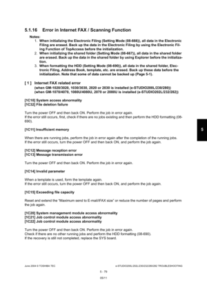 Page 509June 2004 © TOSHIBA TECe-STUDIO200L/202L/230/232/280/282 TROUBLESHOOTING
5 - 79
5
5.1.16 Error in Internet FAX / Scanning Function
Notes:  1. When initializing the Electronic Filing (Setting Mo de (08-666)), all data in the Electronic 
Filing are erased. Back up the data in the Electron ic Filing by using the Electronic Fil-
ing Function of TopAccess before the initialization .
2. When initializing the shared folder (Setting Mode ( 08-667)), all data in the shared folder 
are erased. Back up the data in...