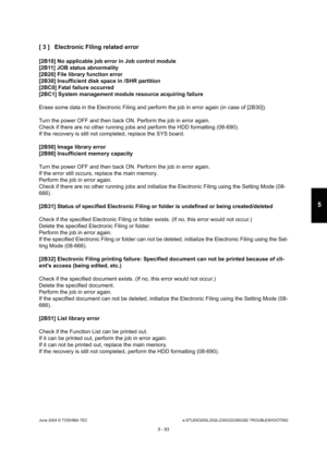 Page 513June 2004 © TOSHIBA TECe-STUDIO200L/202L/230/232/280/282 TROUBLESHOOTING
5 - 83
5
[ 3 ] Electronic Filing related error
[2B10] No applicable job error in Job control modul e
[2B11] JOB status abnormality 
[2B20] File library function error 
[2B30] Insufficient disk space in /SHR partition 
[2BC0] Fatal failure occurred 
[2BC1] System management module resource acquiring  failure
Erase some data in the Electronic Filing and perfor m the job in error again (in case of [2B30]).
Turn the power OFF and then...