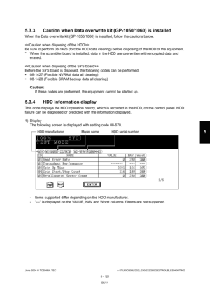 Page 551June 2004 © TOSHIBA TECe-STUDIO200L/202L/230/232/280/282 TROUBLESHOOTING
5 - 121
5
5.3.3 Caution when Data overwrite kit (GP-1050/1060)  is installed 
When the Data overwrite kit (GP-1050/1060) is installed, follow the cautions below. 
  
Be sure to perform 08-1426 (forcible HDD data clear ing) before disposing of the HDD of the equipment. 
* When the scrambler board is installed, data in the  HDD are overwritten with encrypted data and 
erased. 
 
Before the SYS board is disposed, the following cod es...