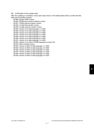 Page 561June 2004 © TOSHIBA TECe-STUDIO200L/202L/230/232/280/282 FIRMWARE UPDATING
6 - 7
6
[B] Confirmation of the updated data 
After the updating is completed, check each data ve rsion in the Setting Mode (08) to confirm that the 
data was overwritten properly. 08-900: System ROM version 
08-920: FROM basic section software version 
08-921: FROM internal program version 
08-922: UI data fixed section version
08-923: UI data common section version 
08-924: Version of UI data language 1 in HDD 
08-925: Version...