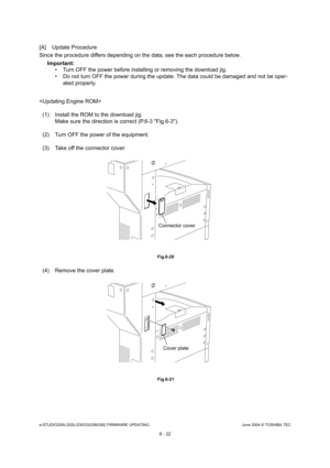 Page 576e-STUDIO200L/202L/230/232/280/282 FIRMWARE UPDATINGJune 2004 © TOSHIBA TEC
6 - 22
[A] Update Procedure 
Since the procedure differs depending on the data,  see the each procedure below.
Important: 
 Turn OFF the power before installing or removing t he download jig.
 Do not turn OFF the power during the update. The d ata could be damaged and not be oper-
ated properly.
 (1) Install the ROM to the download jig. Make sure the direction is correct (P.6-3 Fig.6-3) .
(2) Turn OFF the power of the equipment....