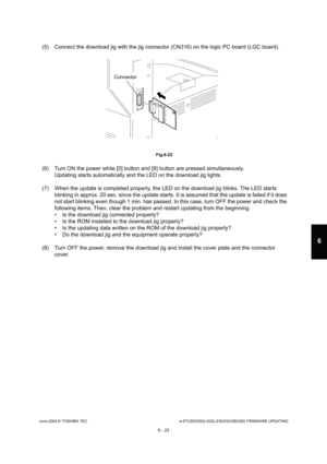 Page 577June 2004 © TOSHIBA TECe-STUDIO200L/202L/230/232/280/282 FIRMWARE UPDATING
6 - 23
6
(5) Connect the download jig with the jig connector ( CN316) on the logic PC board (LGC board).
 Fig.6-22
(6) Turn ON the power while [0] button and [8] button are pressed simultaneously.
Updating starts automatically and the LED on the dow nload jig lights.
(7) When the update is completed properly, the LED o n the download jig blinks. The LED starts 
blinking in approx. 20 sec. since the update starts.  It is assumed...