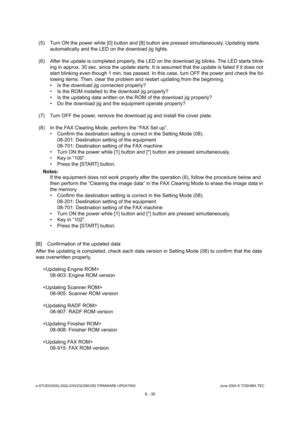 Page 584e-STUDIO200L/202L/230/232/280/282 FIRMWARE UPDATINGJune 2004 © TOSHIBA TEC
6 - 30
(5) Turn ON the power while [0] button and [8] butto n are pressed simultaneously. Updating starts 
automatically and the LED on the download jig light s.
(6) After the update is completed properly, the LED  on the download jig blinks. The LED starts blink-
ing in approx. 30 sec. since the update starts. It i s assumed that the update is failed if it does not 
start blinking even though 1 min. has passed. In th is case,...