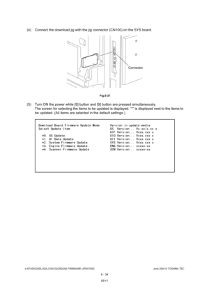 Page 588e-STUDIO200L/202L/230/232/280/282 FIRMWARE UPDATINGJune 2004 © TOSHIBA TEC
6 - 34
(4) Connect the download jig with the jig connector  (CN100) on the SYS board.
 Fig.6-37
(5) Turn ON the power while [8] button and [9] butto n are pressed simultaneously.
The screen for selecting the items to be updated is  displayed. “*” is displayed next to the items to 
be updated. (All items are selected in the default  settings.)
Connector
05/11 