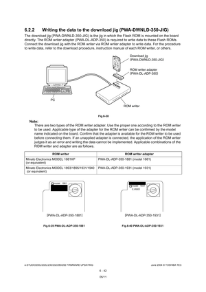 Page 596e-STUDIO200L/202L/230/232/280/282 FIRMWARE UPDATINGJune 2004 © TOSHIBA TEC
6 - 42
6.2.2 Writing the data to the download jig (PWA-DWNL
D-350-JIG)
The download jig (PWA-DWNLD-350-JIG) is the jig in which the Flash ROM is mounted on the board 
directly. The ROM writer adapter (PWA-DL-ADP-350) i s required to write data to these Flash ROMs. 
Connect the download jig with the ROM writer via RO M writer adapter to write data. For the procedure 
to write data, refer to the download procedure, ins truction...