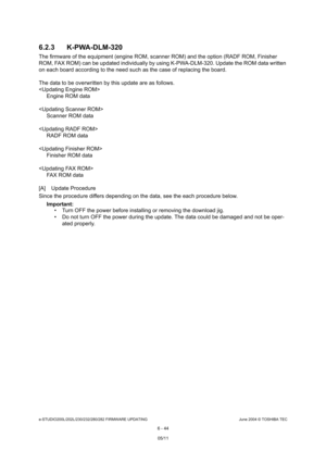 Page 598e-STUDIO200L/202L/230/232/280/282 FIRMWARE UPDATINGJune 2004 © TOSHIBA TEC
6 - 44
6.2.3 K-PWA-DLM-320
The firmware of the equipment (engine ROM, scanner 
ROM) and the option (RADF ROM, Finisher 
ROM, FAX ROM) can be updated individually by using  K-PWA-DLM-320. Update the ROM data written 
on each board according to the need such as the cas e of replacing the board.
The data to be overwritten by this update are as fol lows.
 Engine ROM data
 Scanner ROM data
 RADF ROM data
 Finisher ROM data
 FAX ROM...