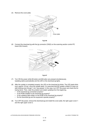 Page 602e-STUDIO200L/202L/230/232/280/282 FIRMWARE UPDATINGJune 2004 © TOSHIBA TEC
6 - 48
(5) Remove the cover plate.
 Fig.6-46
(6) Connect the download jig with the jig connector  (CN22) on the scanning section control PC 
board (SLG board).
 Fig.6-47
(7) Turn ON the power while [0] button and [8] butto n are pressed simultaneously.
Updating starts automatically and the LED on the dow nload jig lights.
(8) After the update is completed properly, the LED  on the download jig blinks. The LED starts blink-
ing in...