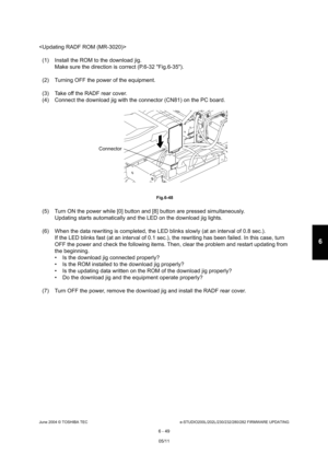 Page 603June 2004 © TOSHIBA TECe-STUDIO200L/202L/230/232/280/282 FIRMWARE UPDATING
6 - 49
6

(1) Install the ROM to the download jig. Make sure the direction is correct (P.6-32 Fig.6-3 5).
(2) Turning OFF the power of the equipment. 
(3) Take off the RADF rear cover. 
(4) Connect the download jig with the connector (CN8 1) on the PC board.
 Fig.6-48
(5) Turn ON the power while [0] button and [8] button are pressed simultaneously.
Updating starts automatically and the LED on the dow nload jig lights.
(6) When the...