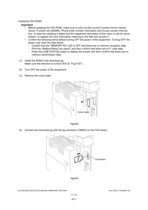 Page 606e-STUDIO200L/202L/230/232/280/282 FIRMWARE UPDATINGJune 2004 © TOSHIBA TEC
6 - 52

Important:   Before updating the FAX ROM, make sure to print ou t the current Function list for mainte-
nance, Function list (ADMIN), Phone book number inf ormation and Group number informa-
tion. In case the updating is failed and the regist ered information of the users is lost for some 
reason, re-register the user information referring  to the lists and recover it.
 Confirm the following items before turning OFF the...