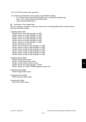 Page 619June 2004 © TOSHIBA TECe-STUDIO200L/202L/230/232/280/282 FIRMWARE UPDATING
6 - 65
6
(16) Turn OFF the power of the equipment. 
(17) Perform the initialization of the updating data  (NVRAM updating).
 Turn ON the power while [0] button and [8] button  are pressed simultaneously.
 Key in “947”, and then press the [START] button. 
 Press the [INITIALIZE] button.
[B] Confirmation of the updated data 
After the updating is completed, check each data ve rsion in the Setting Mode (08) to confirm that the...