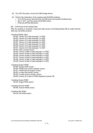 Page 628e-STUDIO200L/202L/230/232/280/282 FIRMWARE UPDATINGJune 2004 © TOSHIBA TEC
6 - 74
(8) Turn OFF the power, remove the USB storage devic e.
(9) Perform the initialization of the updating data  (NVRAM updating).
 Turn ON the power while [0] button and [8] button  are pressed simultaneously.
 Key in “947”, and then press the [START] button. 
 Press the [INITIALIZE] button.
[B] Confirmation of the updated data 
After the updating is completed, check each data ve rsion in the Setting Mode (08) to confirm...