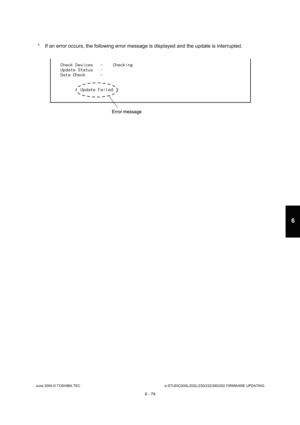 Page 633June 2004 © TOSHIBA TECe-STUDIO200L/202L/230/232/280/282 FIRMWARE UPDATING
6 - 79
6
* If an error occurs, the following error message is  displayed and the update is interrupted. 