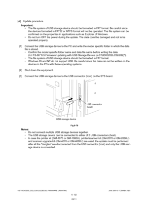 Page 636e-STUDIO200L/202L/230/232/280/282 FIRMWARE UPDATINGJune 2004 © TOSHIBA TEC
6 - 82
[A] Update procedure
Important:   The file system of USB storage device should be fo rmatted in FAT format. Be careful since 
the devices formatted in FAT32 or NTFS format will  not be operated. The file system can be 
confirmed on the properties in applications such as  Explorer of Windows.
 Do not turn OFF the power during the update. The d ata could be damaged and not to be 
operated properly.
(1) Connect the USB...