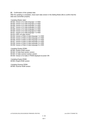 Page 642e-STUDIO200L/202L/230/232/280/282 FIRMWARE UPDATINGJune 2004 © TOSHIBA TEC
6 - 88
[B] Confirmation of the updated data 
After the updating is completed, check each data ve rsion in the Setting Mode (08) to confirm that the 
data was overwritten properly. 
 
08-924: Version of UI data language 1 in HDD 
08-925: Version of UI data language 2 in HDD
08-926: Version of UI data language 3 in HDD 
08-927: Version of UI data language 4 in HDD 
08-928: Version of UI data language 5 in HDD 
08-929: Version of UI...