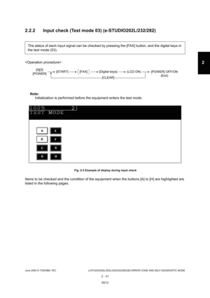 Page 67June 2004 © TOSHIBA TEC e-STUDIO200L/202L/230/232/280/282 ERROR CODE AND SELF-DIAGNOSTIC MODE
2 - 31
2
2.2.2 Input check (Test mode 03) (e-STUDIO202L/232/2 82)

Note: Note: 
Initialization is performed before the equipment en ters the test mode.
 Fig. 2-3 Example of display during input check
Items to be checked and the condition of the equipm ent when the buttons [A] to [H] are highlighted are 
listed in the following pages. The status of each input signal can be checked by p
ressing the [FAX] button,...