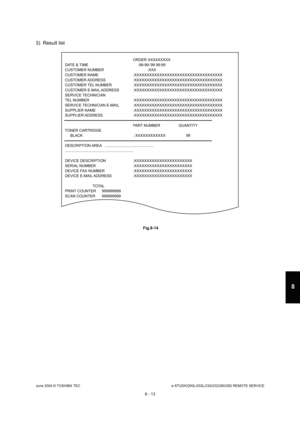 Page 667June 2004 © TOSHIBA TECe-STUDIO200L/202L/230/232/280/282 REMOTE SERVICE
8 - 13
8
3) Result list
 Fig.8-14
  ORDER XXXXXXXXX
DATE & TIME  :99-99-99 99:99 
CUSTOMER NUMBER  :XXX
CUSTOMER NAME  :XXXXXXXXXXXXXXXXXXXXXXXXXXXXXXXXXXX 
CUSTOMER ADDRESS  :XXXXXXXXXXXXXXXXXXXXXXXXXXXXXXXXXXX 
CUSTOMER TEL NUMBER  :XXXXXXXXXXXXXXXXXXXXXXXXXXXXXXXXXXX
CUSTOMER E-MAIL ADDRESS  :XXXXXXXXXXXXXXXXXXXXXXXXXXXXXXXXXXX
SERVICE TECHNICIAN
TEL NUMBER  :XXXXXXXXXXXXXXXXXXXXXXXXXXXXXXXXXXX
SERVICE TECHNICIAN E-MAIL...