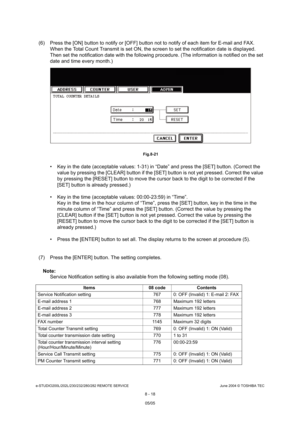 Page 672e-STUDIO200L/202L/230/232/280/282 REMOTE SERVICEJune 2004 © TOSHIBA TEC
8 - 18
(6) Press the [ON] button to notify or [OFF] button n ot to notify of each item for E-mail and FAX.
When the Total Count Transmit is set ON, the screen  to set the notification date is displayed. 
Then set the notification date with the following p rocedure. (The information is notified on the set 
date and time every month.)
 Fig.8-21
 Key in the date (acceptable values: 1-31) in “Date ” and press the [SET] button. (Correct...