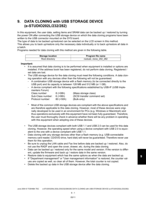 Page 679June 2004 © TOSHIBA TEC e-STUDIO200L/202L/230/232/280/282 DATA CLONING with USB STORAGE DEVICE (e-STUDIO202L/232/282)
9 - 1
9
9. DATA CLONING with USB STORAGE DEVICE
(e-STUDIO202L/232/282)
In this equipment, the user data, setting items and  SRAM data can be backed up / restored by turning 
the power ON after connecting the USB storage device  on which the data cloning programs have been 
written to the USB connector mounted on the SYS boa rd.
The type of data to be backed up/restored can be se lected on...