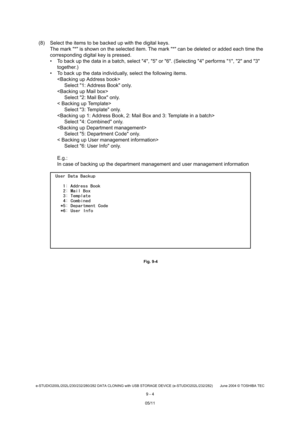 Page 682e-STUDIO200L/202L/230/232/280/282 DATA CLONING with USB STORAGE DEVICE (e-STUDIO202L/232/282) June 2004  © TOSHIBA TEC
9 - 4
(8) Select the items to be backed up with the digita l keys.
The mark * is shown on the selected item. The mar k * can be deleted or added each time the 
corresponding digital key is pressed. 
 To back up the data in a batch, select 4, 5 or  6. (Selecting 4 performs 1, 2 and 3 
together.)
 To back up the data individually, select the follo wing items.

Select 1: Address Book...