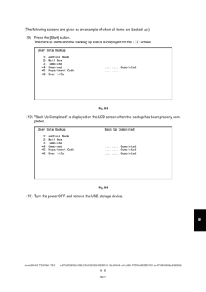 Page 683June 2004 © TOSHIBA TEC e-STUDIO200L/202L/230/232/280/282 DATA CLONING with USB STORAGE DEVICE (e-STUDIO202L/232/282)
9 - 5
9
(The following screens are given as an example of w hen all items are backed up.)
(9) Press the [Start] button. The backup starts and the backing up status is disp layed on the LCD screen.
 Fig. 9-5
(10) Back Up Completed is displayed on the LCD scr een when the backup has been properly com-
pleted.
 Fig. 9-6
(11) Turn the power OFF and remove the USB storage d evice.
05/11 