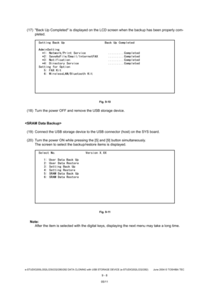 Page 686e-STUDIO200L/202L/230/232/280/282 DATA CLONING with USB STORAGE DEVICE (e-STUDIO202L/232/282) June 2004  © TOSHIBA TEC
9 - 8
(17) Back Up Completed is displayed on the LCD scr een when the backup has been properly com-
pleted.
 Fig. 9-10
(18) Turn the power OFF and remove the USB storage d evice.
 (19) Connect the USB storage device to the USB conne ctor (host) on the SYS board. 
(20) Turn the power ON while pressing the [5] and [9 ] button simultaneously.
The screen to select the backup/restore items is...