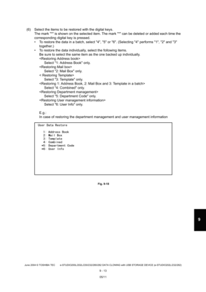 Page 691June 2004 © TOSHIBA TEC e-STUDIO200L/202L/230/232/280/282 DATA CLONING with USB STORAGE DEVICE (e-STUDIO202L/232/282)
9 - 13
9
(6) Select the items to be restored with the digital  keys.
The mark * is shown on the selected item. The mar k * can be deleted or added each time the 
corresponding digital key is pressed. 
 To restore the data in a batch, select 4, 5 or  6. (Selecting 4 performs 1, 2 and 3 
together.)
 To restore the data individually, select the follo wing items.
Be sure to select the same...