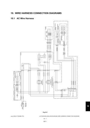 Page 701June 2004 © TOSHIBA TEC e-STUDIO200L/202L/230/232/280/282 WIRE HARNESS CONNECTION DIAGRAMS
10 - 1
10
10. WIRE HARNESS CONNECTION DIAGRAMS 
10.1 AC Wire Harness
 Fig.10-1
12121212
RY
RY
SCANNER
THERMO-SCN-DH
1122
SCN-L-DH
SCN-R-DH
J60
1122
J641 J652 J632
CN431
SG
+5V
HN
HL
CN433 CN706
CN704 J583
CN703
CN702
CN701
CN432 J644
J662
J655
J604 J64 
J63
J61 J62
AC
(
N:DRM DH )
AC (
N:SCN-DH )
AC (
L:SCN-DH )
AC (
N:DRM-DH )
AC (
L:DRM-DH ) AC-LAMP-IN
(
L )
AC-LAMP1-IN (
N )
AC-LAMP2-IN (
N )
AC (
L:DRM DH )...